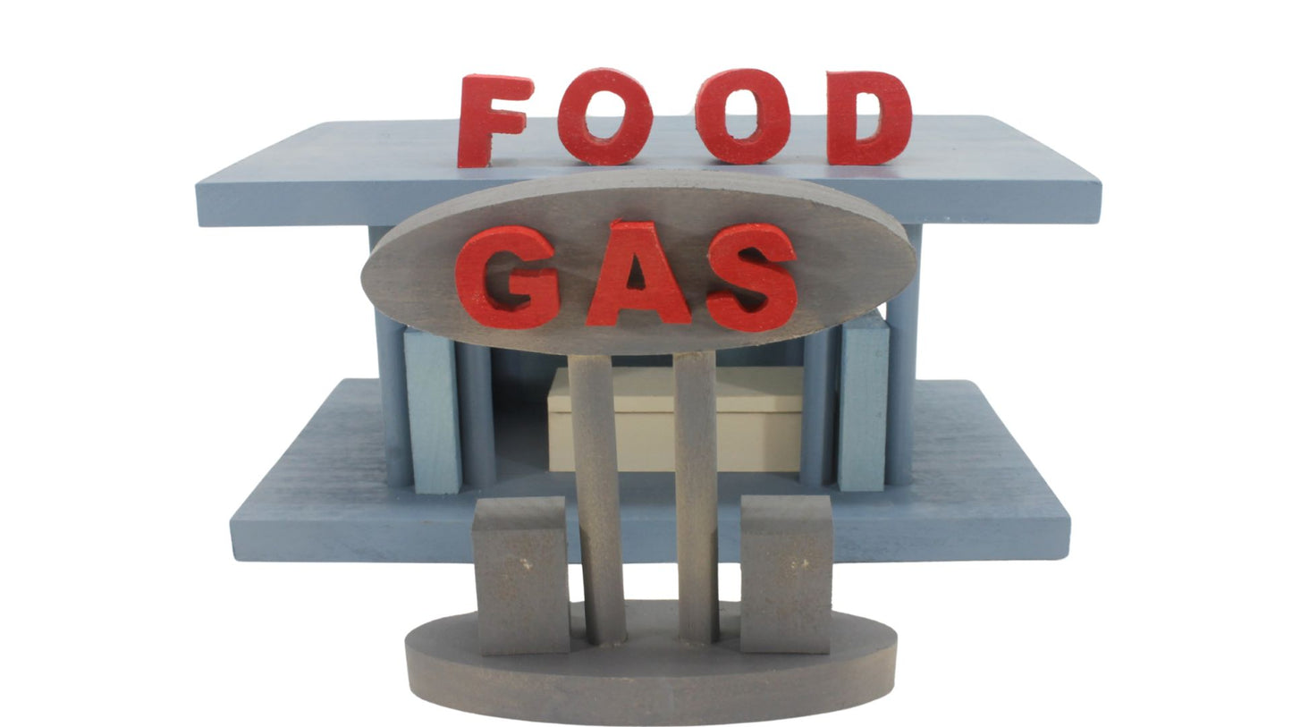 Handmade Wooden Toy Gas and Food Stop with VW Vehicles