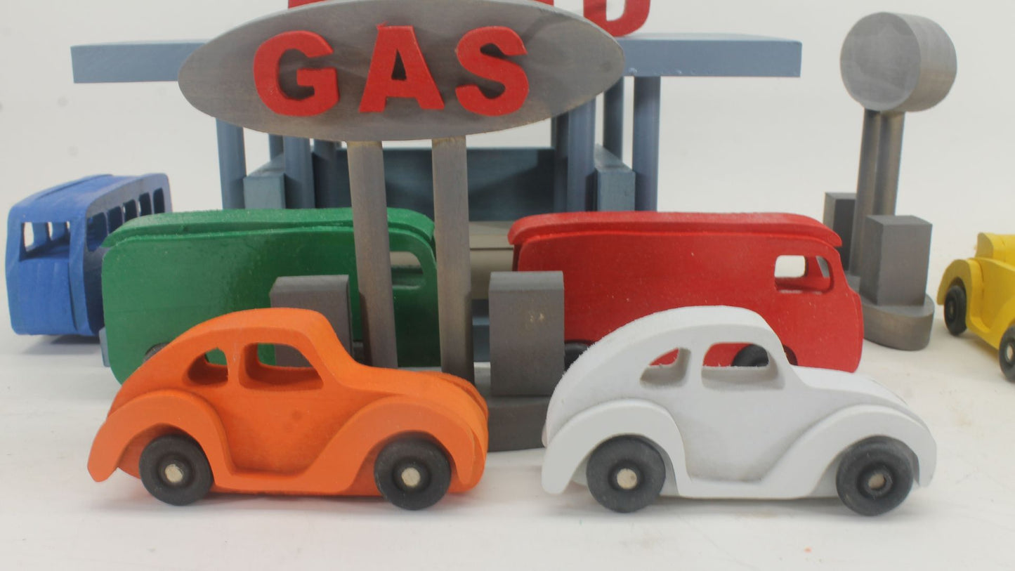 Handmade Wooden Toy Gas and Food Stop with VW Vehicles