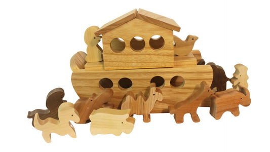 Wooden Noah's Ark Toy with 9 Pairs of Animals, Removable Deck, Raising and Lowering Entrance Ramp