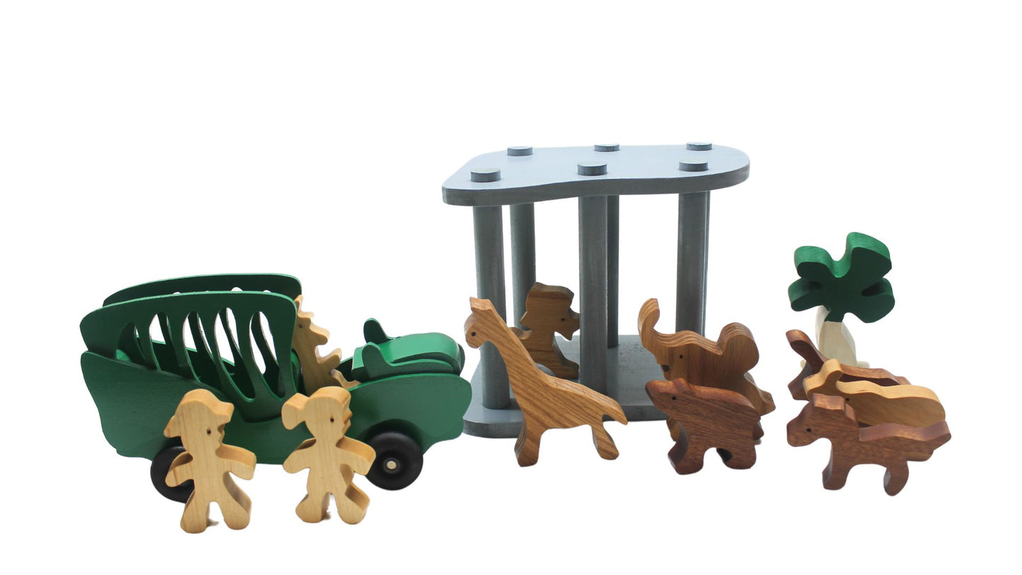 Handcrafted Wooden Toy Safari Set Includes Vehicle, Figures, Cage, and Animals