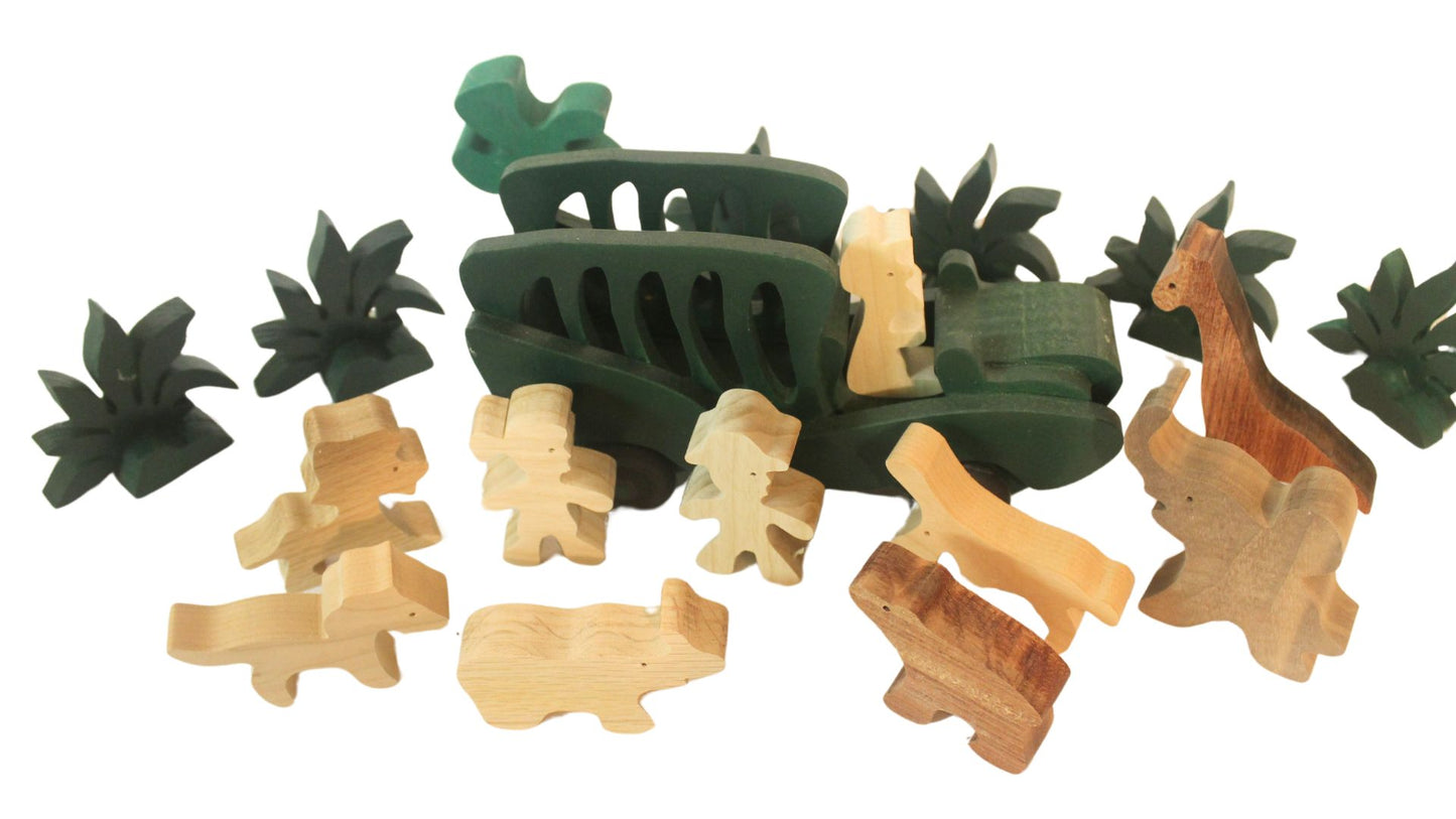 Handcrafted Wooden Toy Safari Set Includes Vehicle, Figures, Cage, and Animals