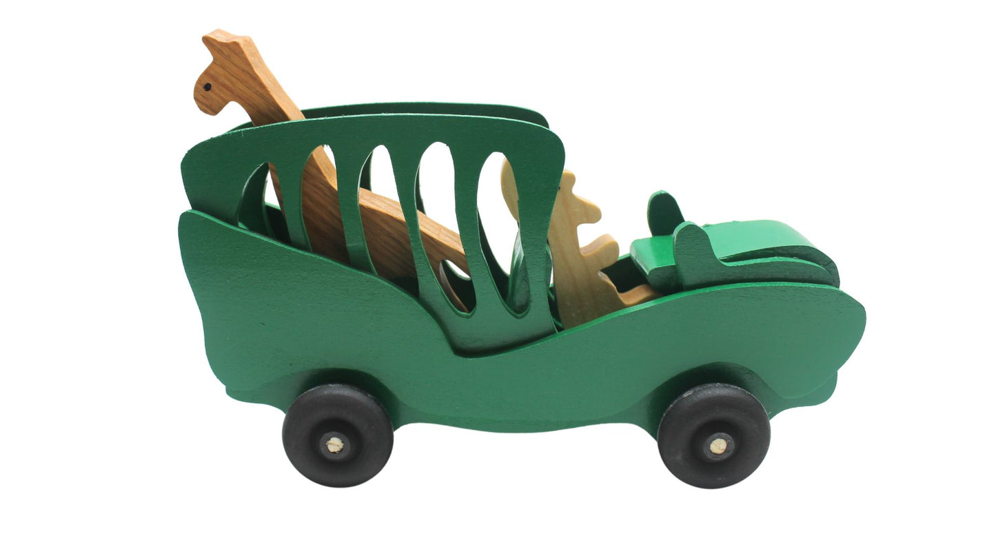 Handcrafted Wooden Toy Safari Set Includes Vehicle, Figures, Cage, and Animals