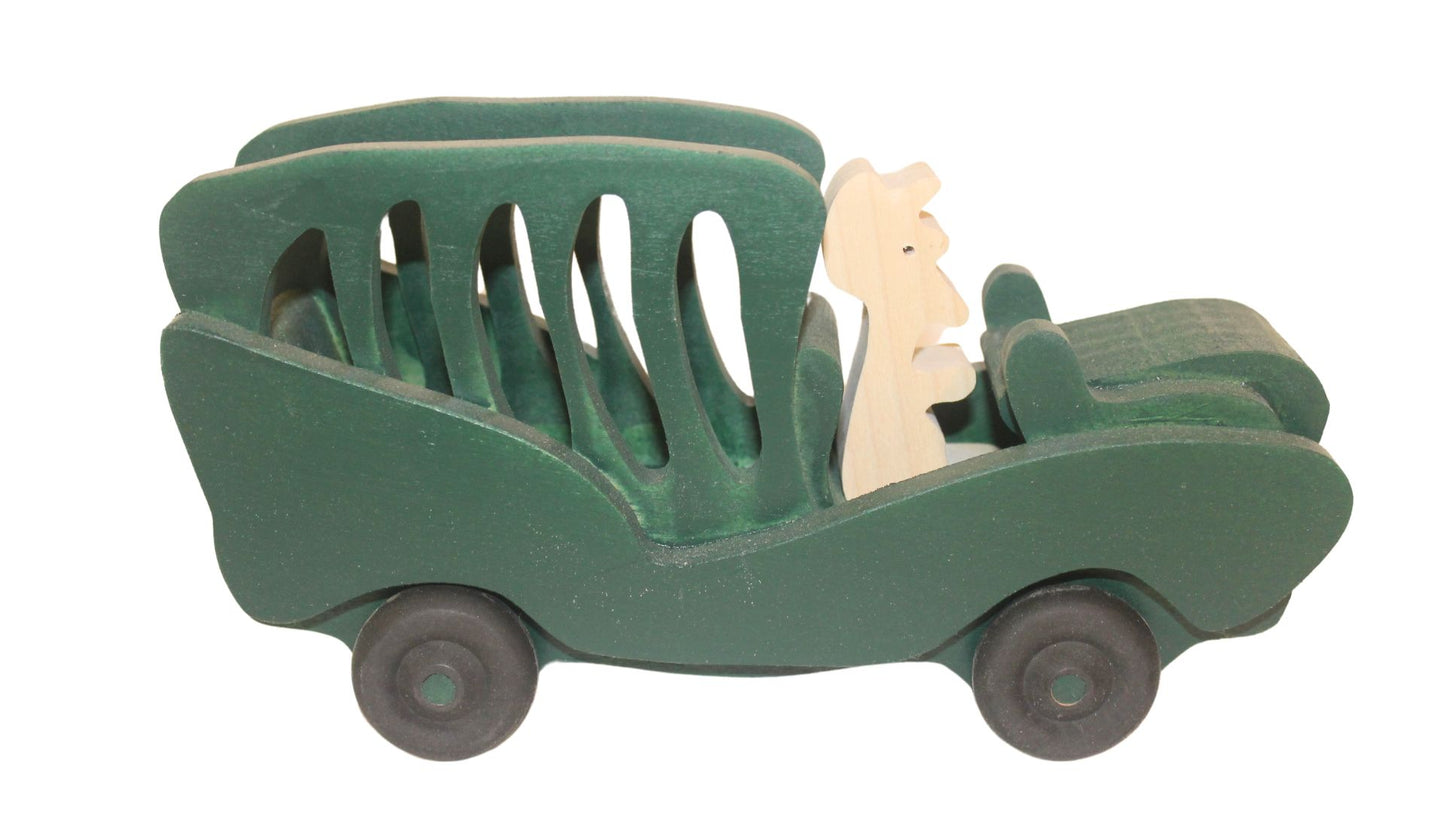 Handcrafted Wooden Toy Safari Set Includes Vehicle, Figures, Cage, and Animals