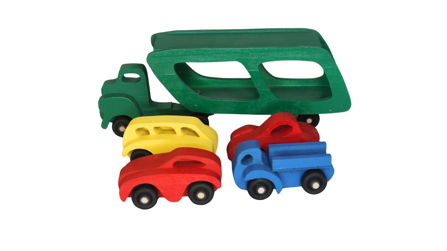 Wooden Toy Car Carrier with 3 Cars and a Pickup Truck