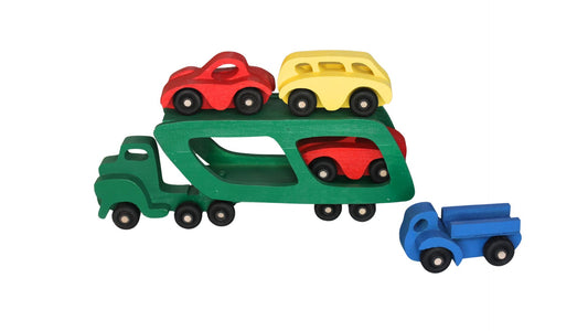 Wooden Toy Car Carrier with 3 Cars and a Pickup Truck