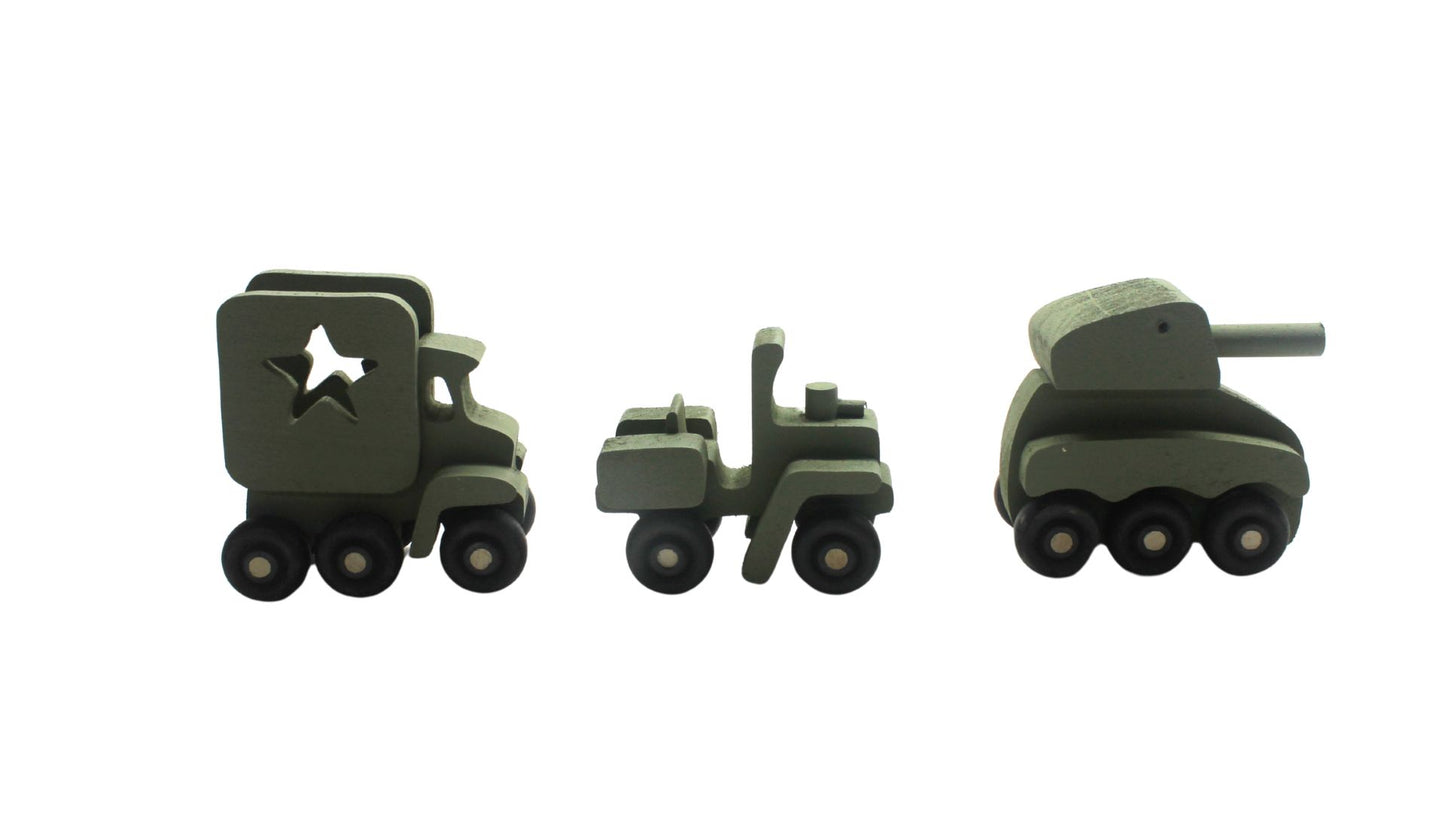 Miniature Wooden Toy Army Vehicle Set Includes a Jeep, Truck, and Tank