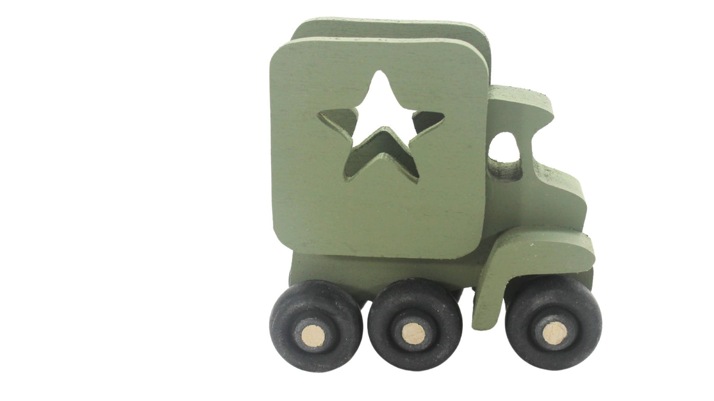 Miniature Wooden Toy Army Vehicle Set Includes a Jeep, Truck, and Tank
